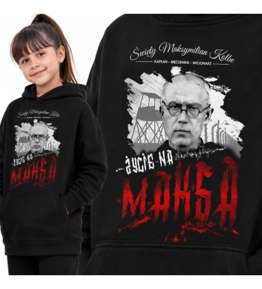 Bluza z kapturem dziecięca Patriotyczna MAKSYMILIAN KOLBE CZARNA